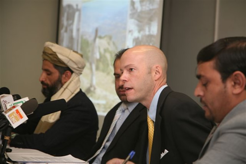 AGimage1 At The Asia Foundation press conference in Kabul, from left to right: Senior Program Officer Fazel Rabi Haqbeen, Senior Program Officer Fazel Rabi Wardak, Deputy Country Representative Michael Haines, and an interpreter.