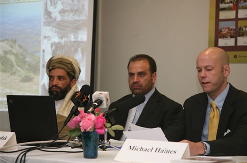 AGimage4 Deputy Country Representative Michael Haines (right) presents findings from the survey as Senior Program Officers Fazel Rabi Haqbeen (left) and Fazel Rabi Wardak (center) look on.