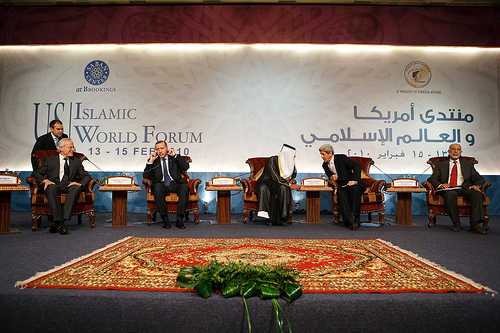 JohnKerryIslamicforum Senator John Kerry speaks with Foreign Minister of Qatar Sheikh Hamad Bin Jassem Bin Jabor Al-Thani at the U.S.-Islamic World Forum. Photo by Ralph Alswang.