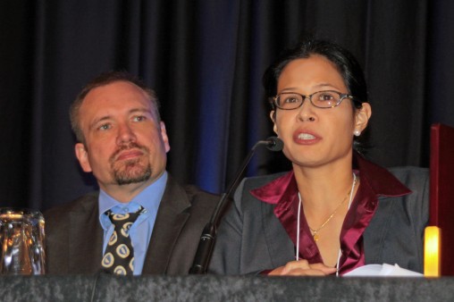 Lars Peter Nissen of ACAPS and Anna Bantug-Herrera of The Asia Foundation participate in a discussion on disaster risk reduction at the 2012 Annual OFDA NGO Partner Consultations. Photo: Sara Westrick Schomig, USAID
