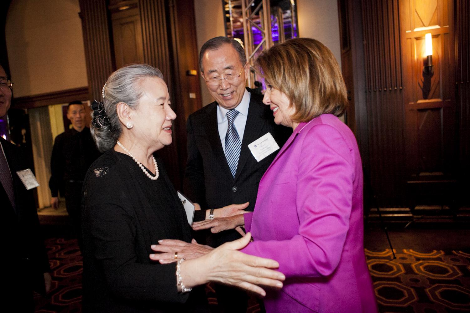 Ban Ki-moon and his wife greet Minority Leader of the US House of Representatives, Bay Area Congresswoman Nancy Pelosi