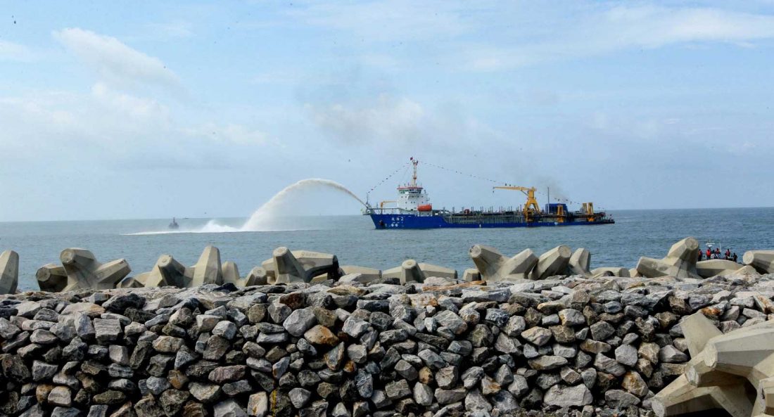 Marine sand is pumped by a ship at the commencement of "Colombo Port City" backed by China in Sri Lanka. Increasing attention is being paid to the social and environmental impacts of China’s investments abroad. 
