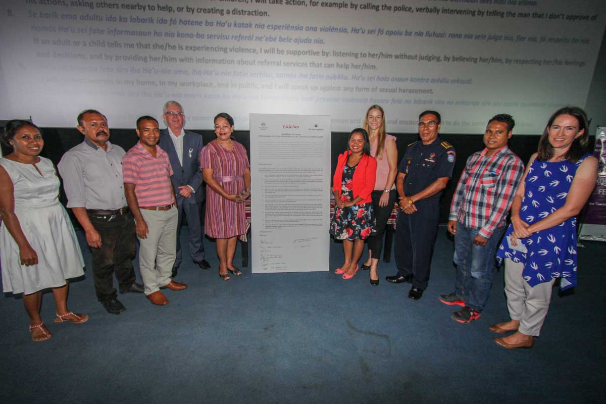 Prominent government and civil society leaders in Timor-Leste sign a 10-point Charter to prevent violence against women and children. 