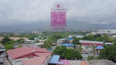 Aerial view of Dili, with Asia Foundation 25 years logo.