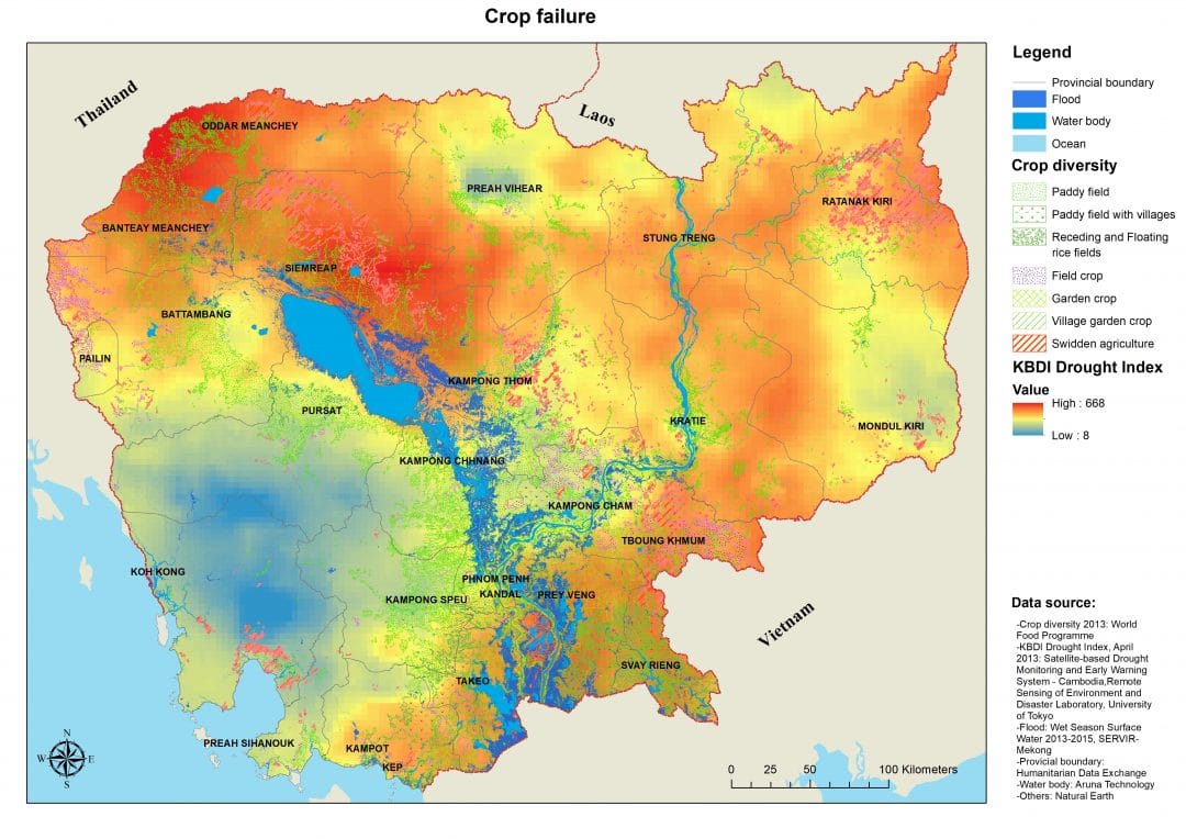 Map of Cambodia showing drought risk, crops, and bodies of water