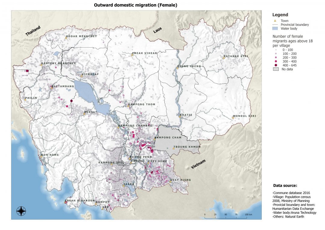 Map of Cambodia with the number of female migrants and which urban areas they have moved to