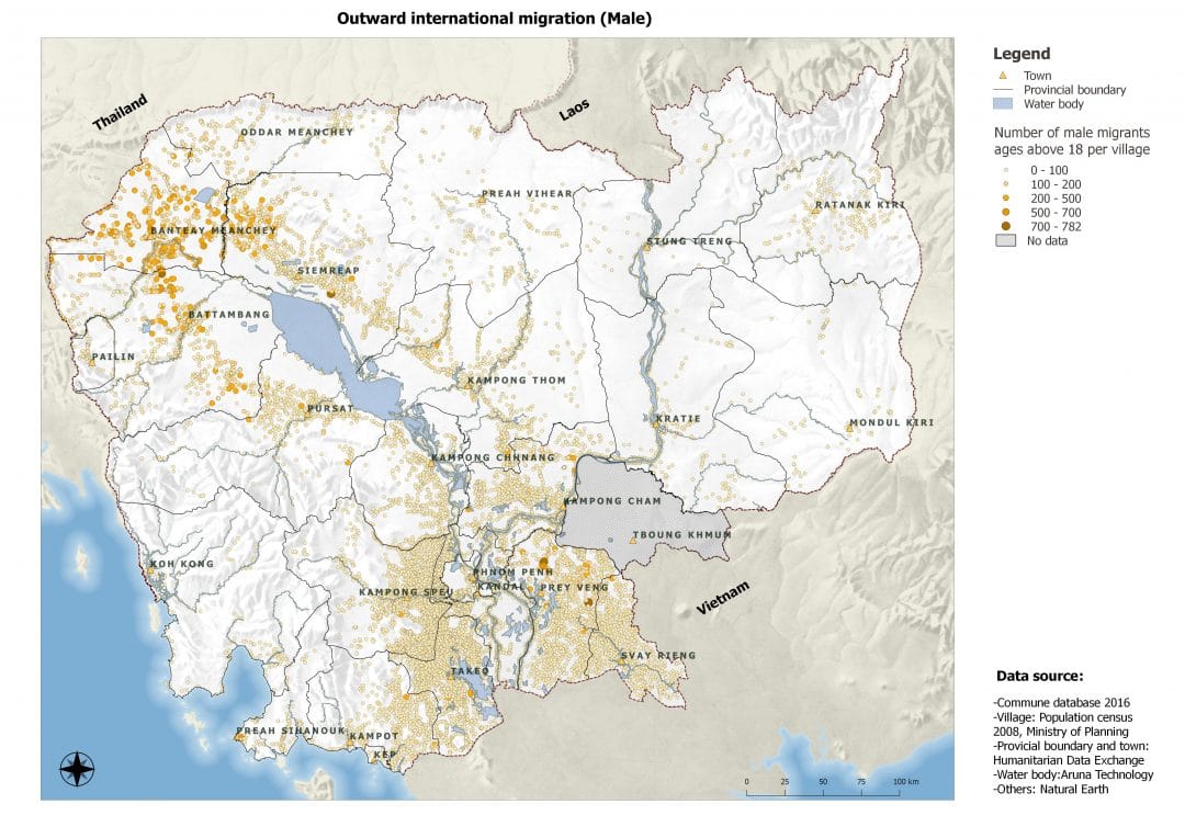 Map of Cambodia with outward male migration