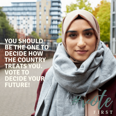 Social media card featuring a woman in hijab. Text reads: You should be the one to decide how the country treats you. Vote to decide your future!