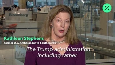 Woman in office setting, caption reading 'The Trump administration including rather' and lower third naming her as Kathleen Stephens