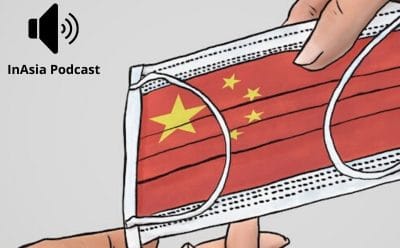 graphic: drawing of two hands passing Chinese-flag themed facemask with audio symbol in opposite corner