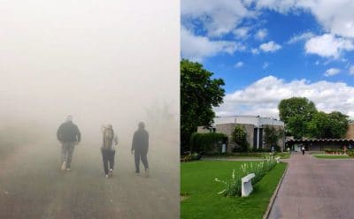 side by side comparison of poor air quality and clear blue sky
