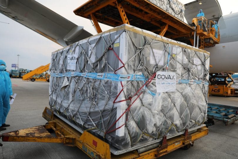 Forklift carrying 1.68 million COVAX vaccines