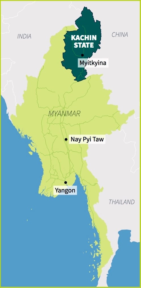 A map of Myanmar highlighting the Kachin State.