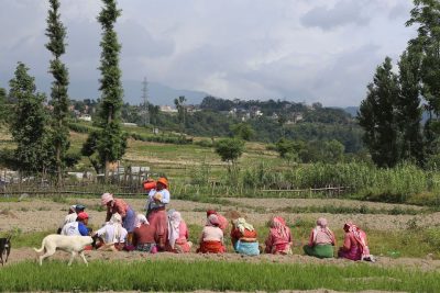 Women in colorful garb sit in a green landscape