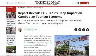 Screenshot of an article from The Diplomat with the headline "Report Reveals COVID-19’s Deep Impact on Cambodian Tourism Economy"