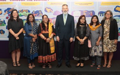 A group of six representatives from the Foundation and regional SAGP CSO partners from the WAVE Foundation in Bangladesh gather next to the U.S. Embassy in Colombo Chargé d'Affaires, Douglas Sonnek. They are posing for a photo with a step and repeat behind them that includes several different initiatives.