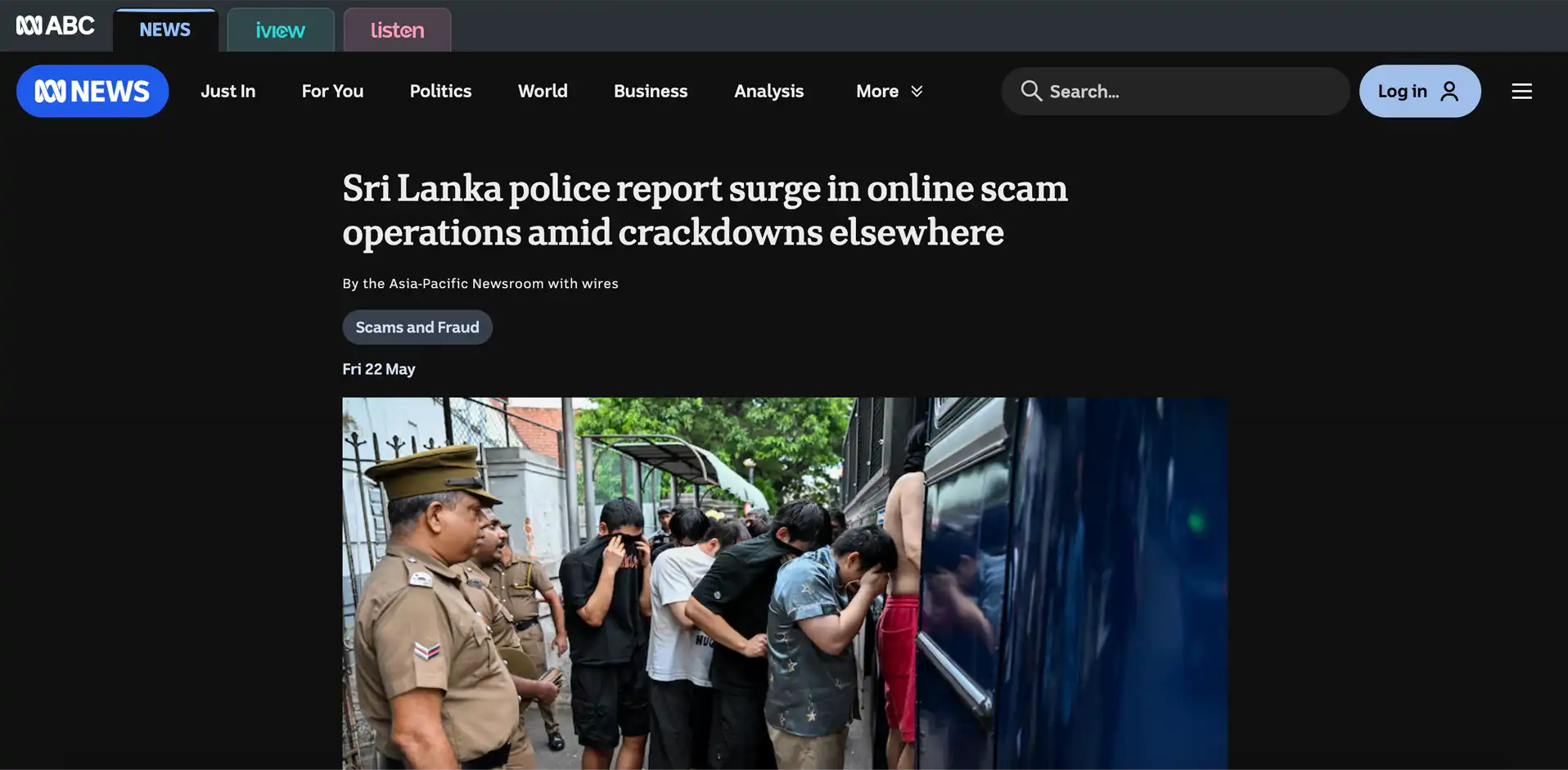 Web highlight for article on Sri Lanka police report surge in online scam operations amid crackdowns elsewhere