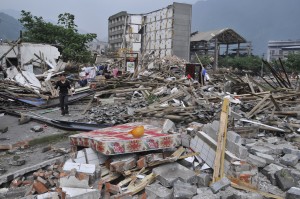 Flattened homes in front of the Yingfeng Chemical Factory, which also had a large ammonia leak after the earthquake