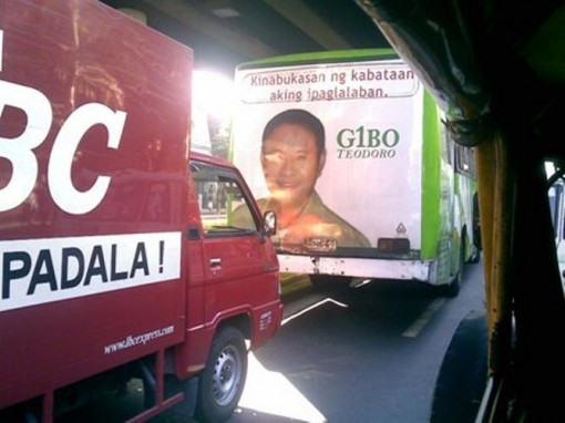 Presidential campaign posters, such as this one for candidate Gilberto "G1BO" Teodoro, are ubiquitous during election season in the Philippines.