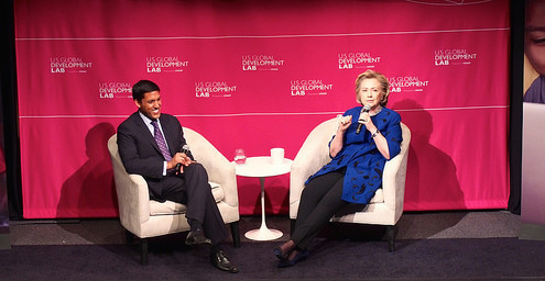 Rajiv Shah with former U.S. Secretary of State Hillary Clinton at the U.S. Global Development Lab Launch. Photo/Flickr user USAID_Images http://bit.ly/1EAVkFY