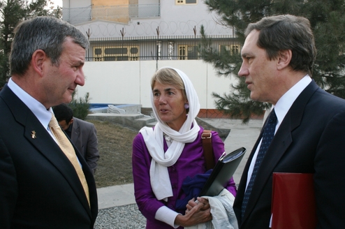 Amb. Eikenberry, left, speaks with fellow Asia Foundation Trustees Missie Rennie and Karl Inderfurth on a trip to Afghanistan.