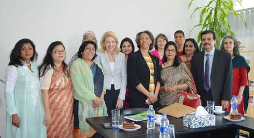 U.S. Ambassador-at-Large for Global Women's Issues Catherine Russell (front row, fourth from left) and U.S. Ambassador to Bangladesh, Marcia Bernicat (front row, third from right) visited The Asia Foundation's Bangladesh office in October to meet the women entrepreneurs.